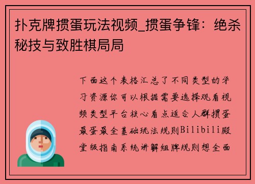 扑克牌掼蛋玩法视频_掼蛋争锋：绝杀秘技与致胜棋局局
